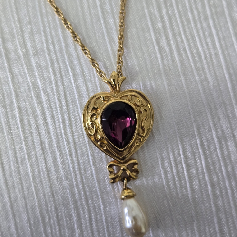 Avon Gold Necklace with Purple Gem and Pearl Drop